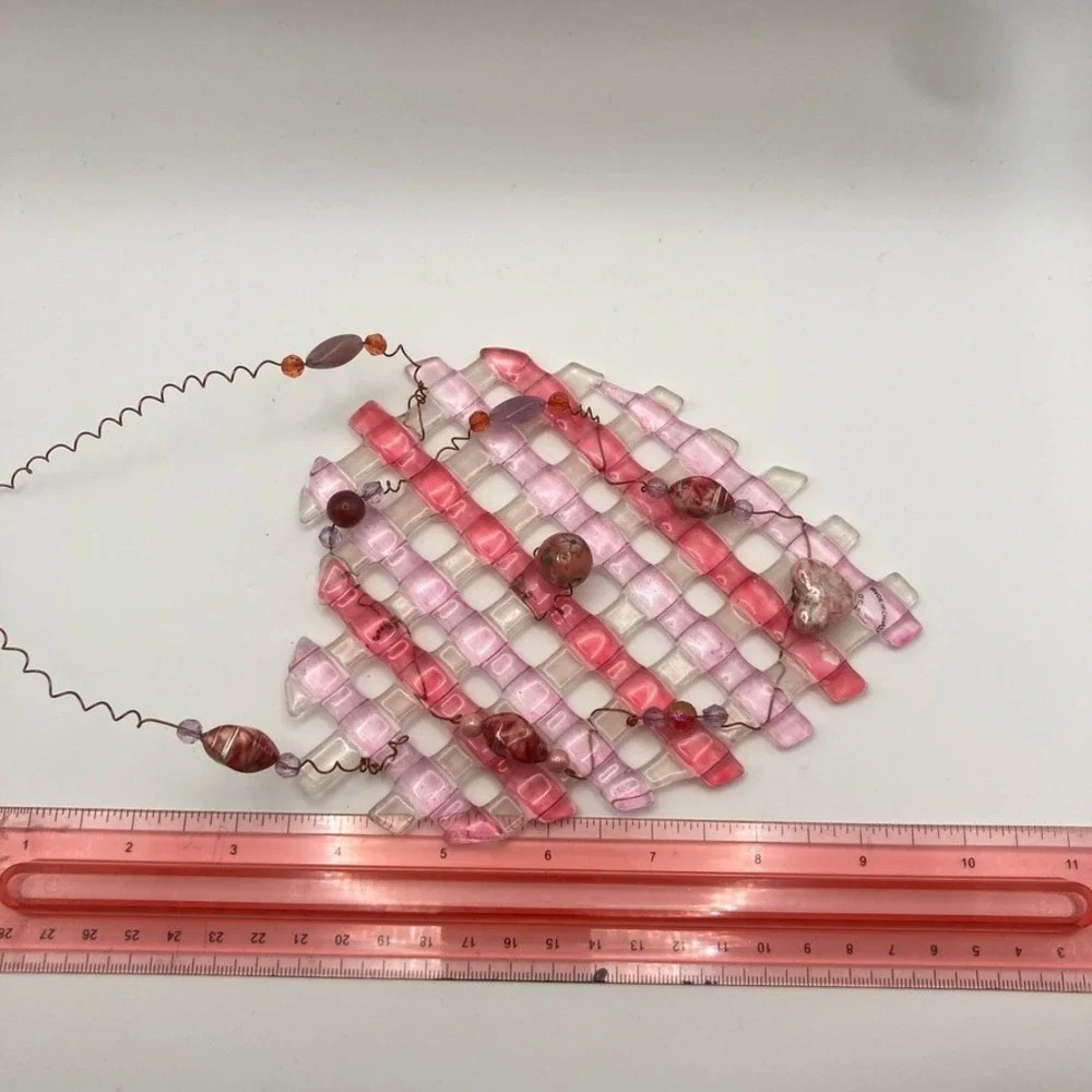 Fused Glass Heart Wall Hanging Red/Pink‎ Beaded with Copper Wire